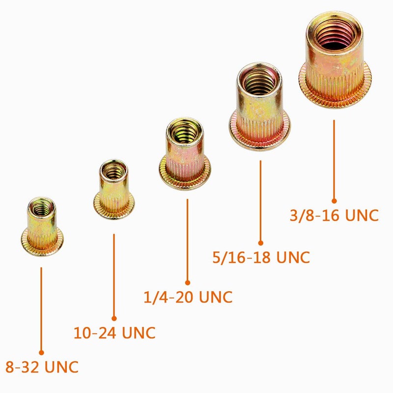 LOKMAN Rivet Nut, LOKMAN 100 Pieces 8-32UNC Carbon Steel Flat Head Rivnut Threaded Insert Nut, Knurled Body (8/32'') - Image 2